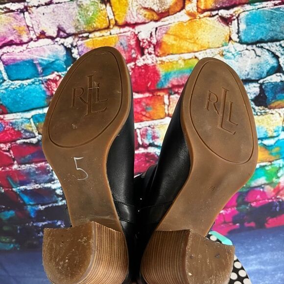 Lauren Ralph Lauren Dylan Black Leather Boots Chunky Block Stacked Heel 9 Medium - Picture 5 of 8